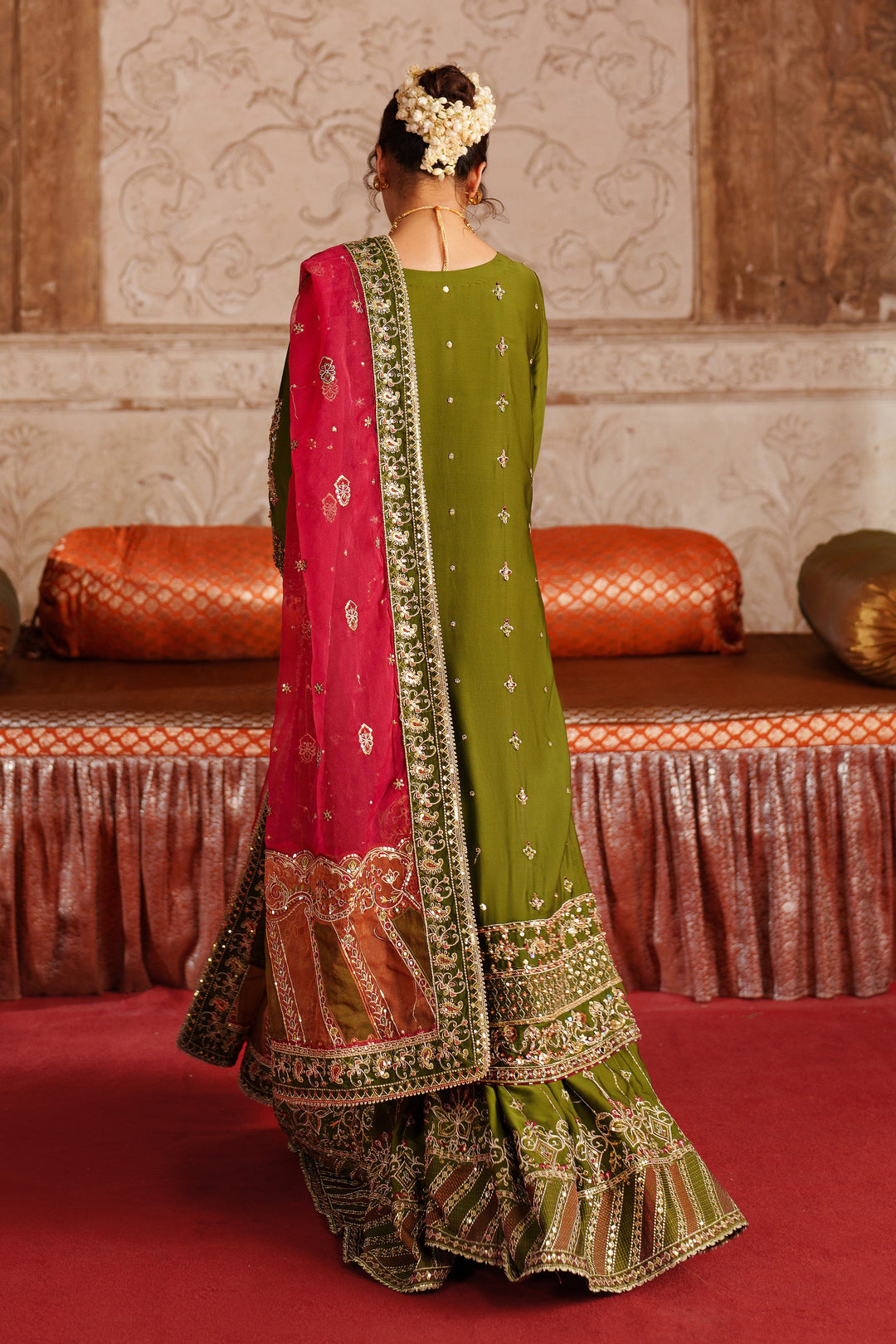 Exquisite Olive Green Pakistani Bridal Suit with Embroidery