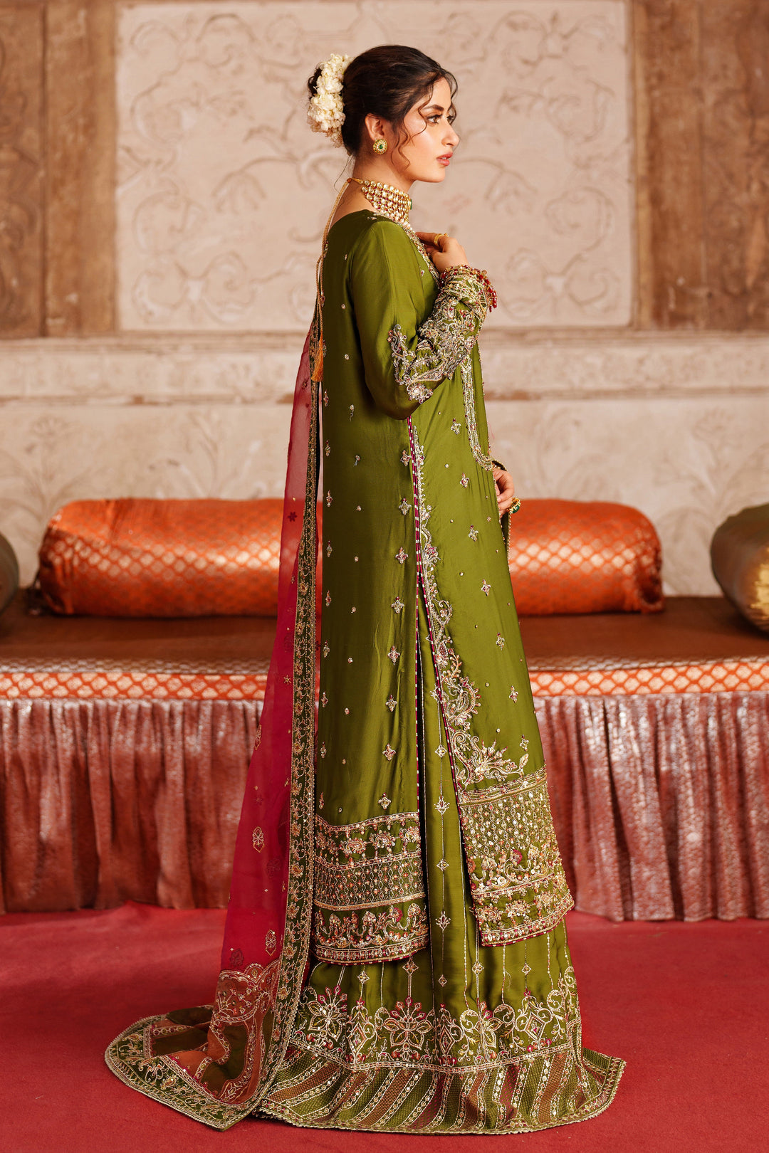 Exquisite Olive Green Pakistani Bridal Suit with Embroidery
