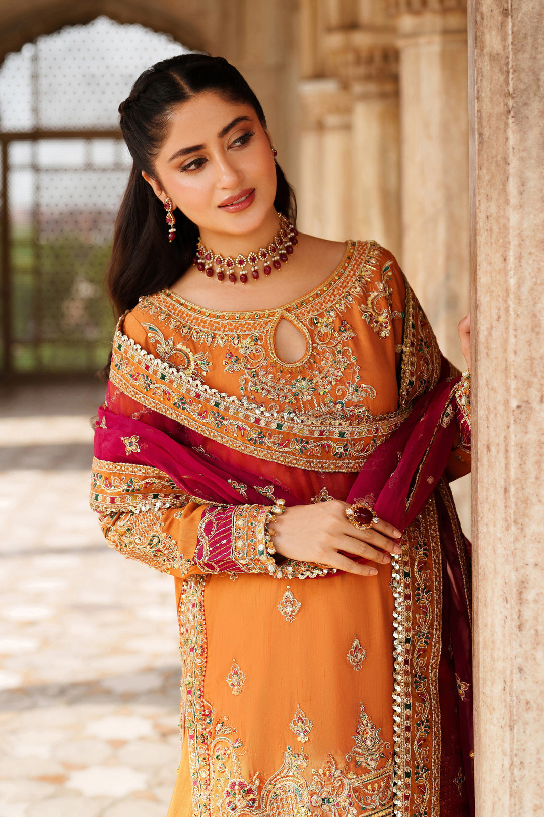 Elegant Rust Orange Pakistani Bridal Dress with Sharara