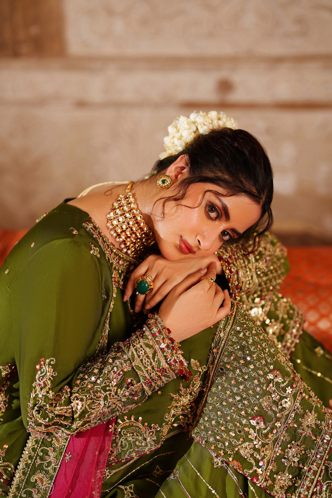 Exquisite Olive Green Pakistani Bridal Suit with Embroidery
