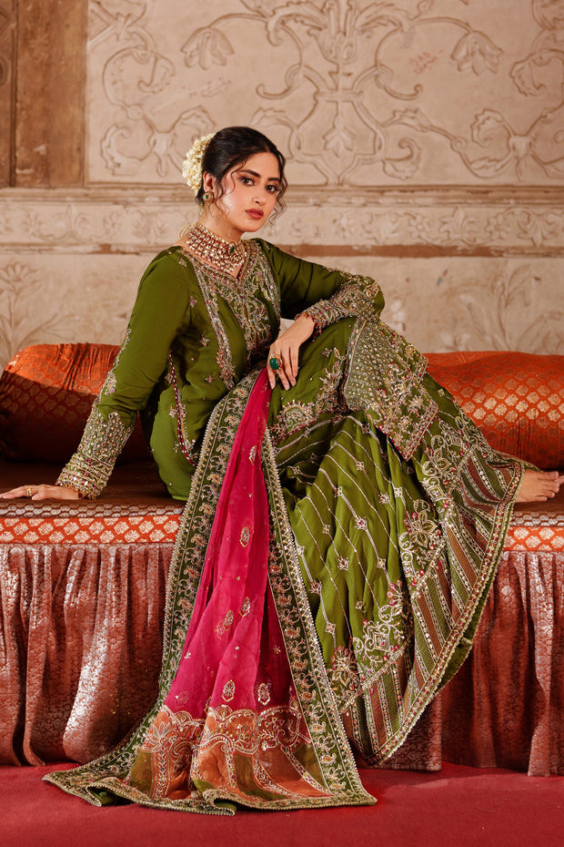 Exquisite Olive Green Pakistani Bridal Suit with Embroidery