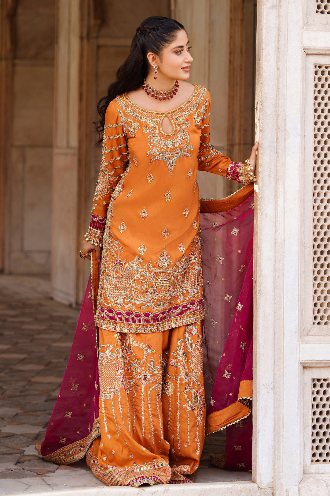 Elegant Rust Orange Pakistani Bridal Dress with Sharara