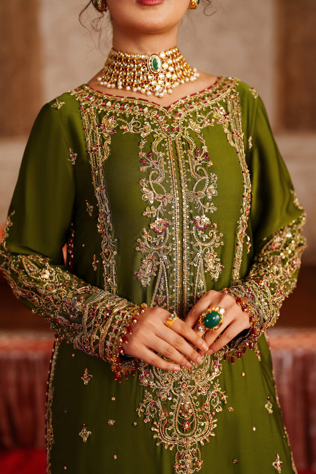 Exquisite Olive Green Pakistani Bridal Suit with Embroidery