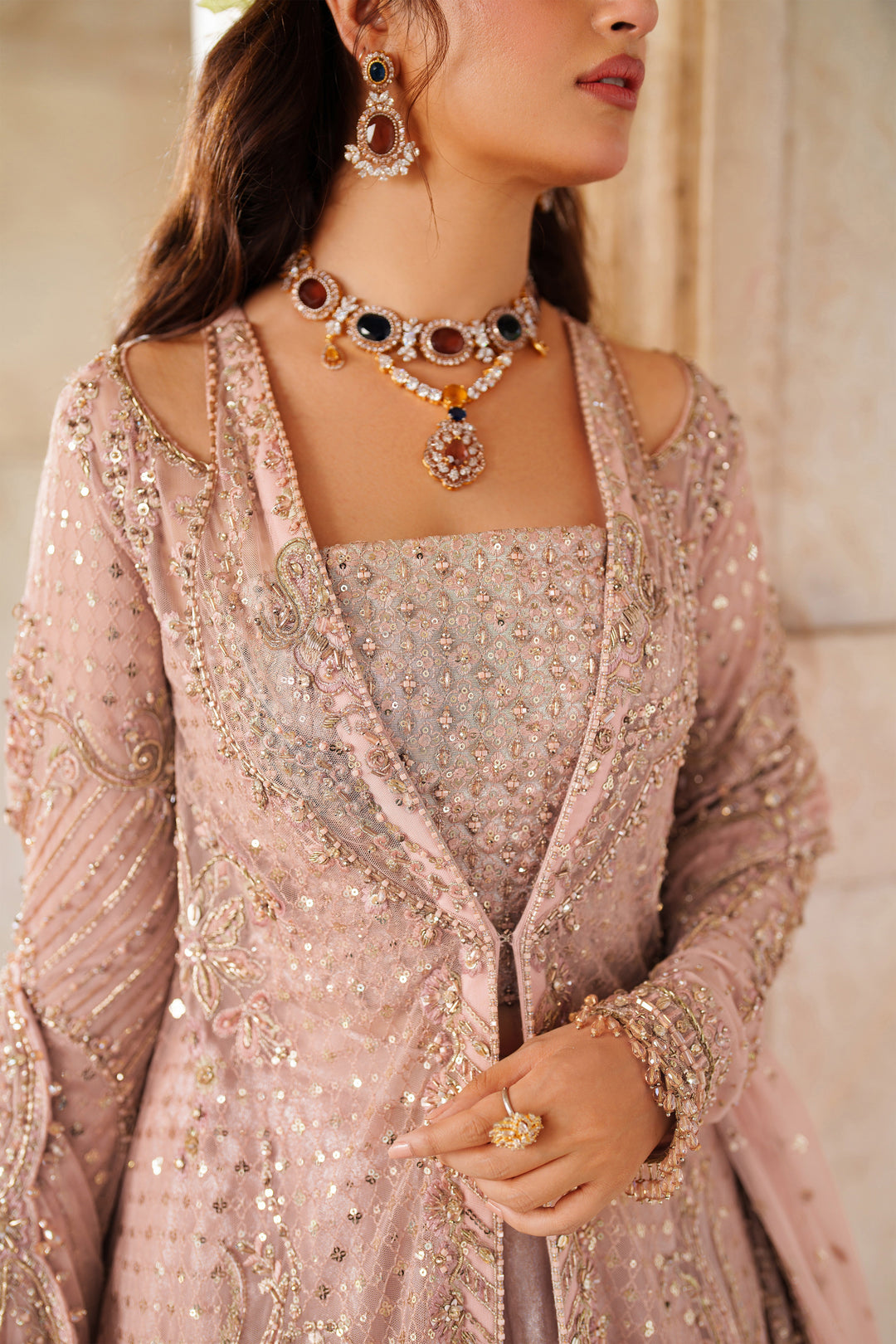 Exquisite Peach Pink Pakistani Bridal Dress with Intricate Embroi