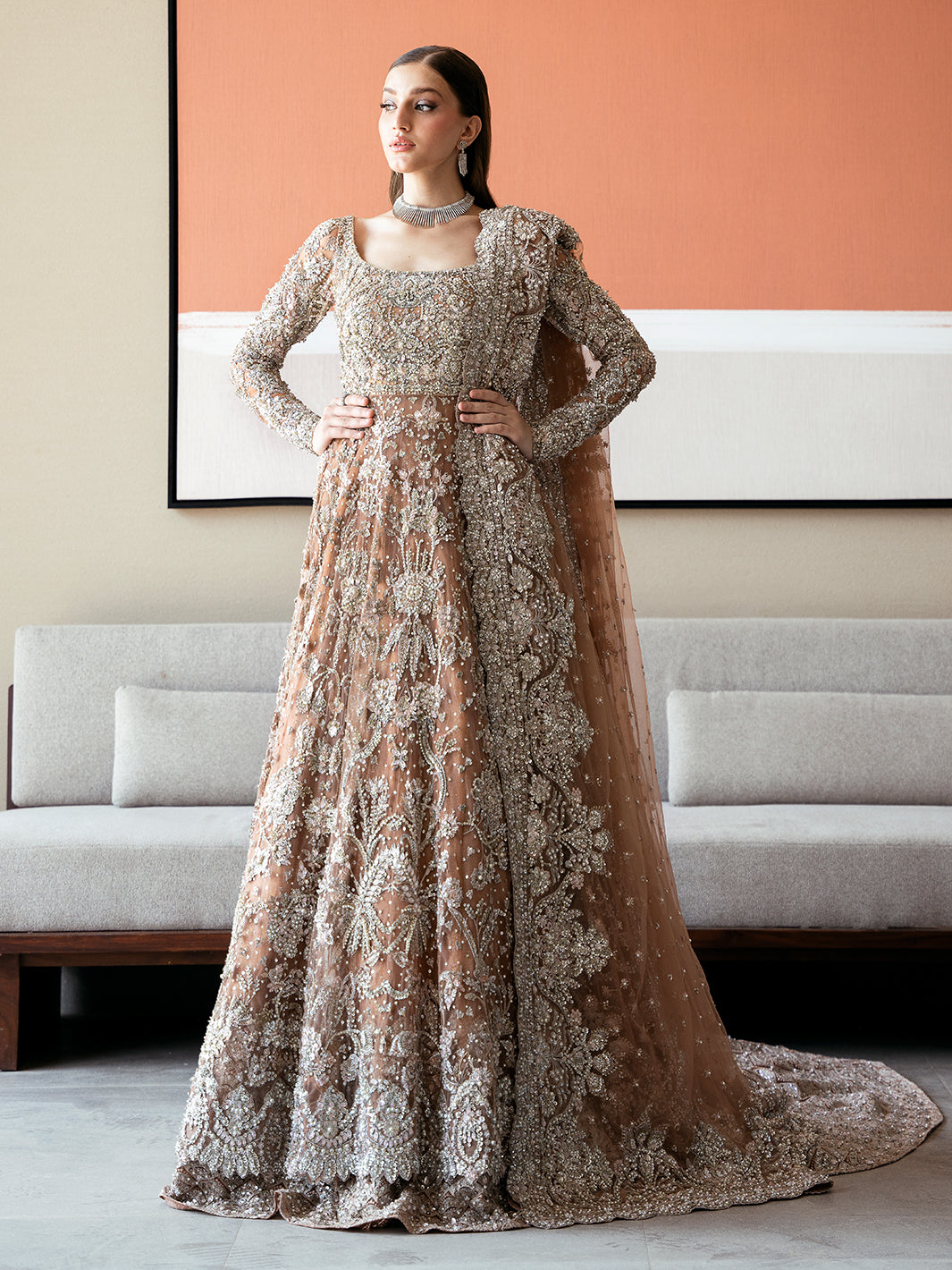 Elegant Ash Brown Pakistani Bridal Pishwas & Lehenga Set