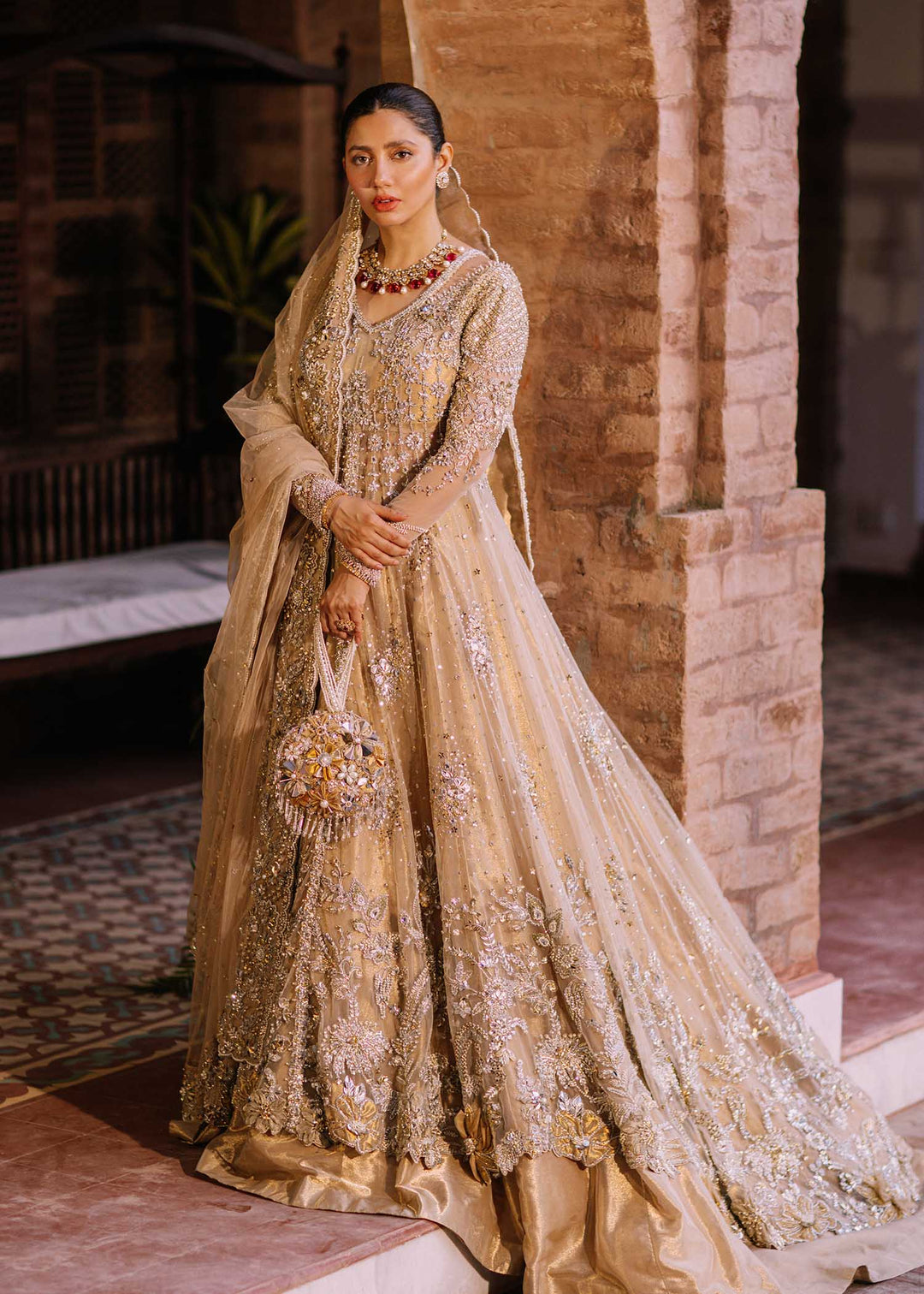 Wedding Pishwas Lehenga Golden Pakistani Bridal Dress