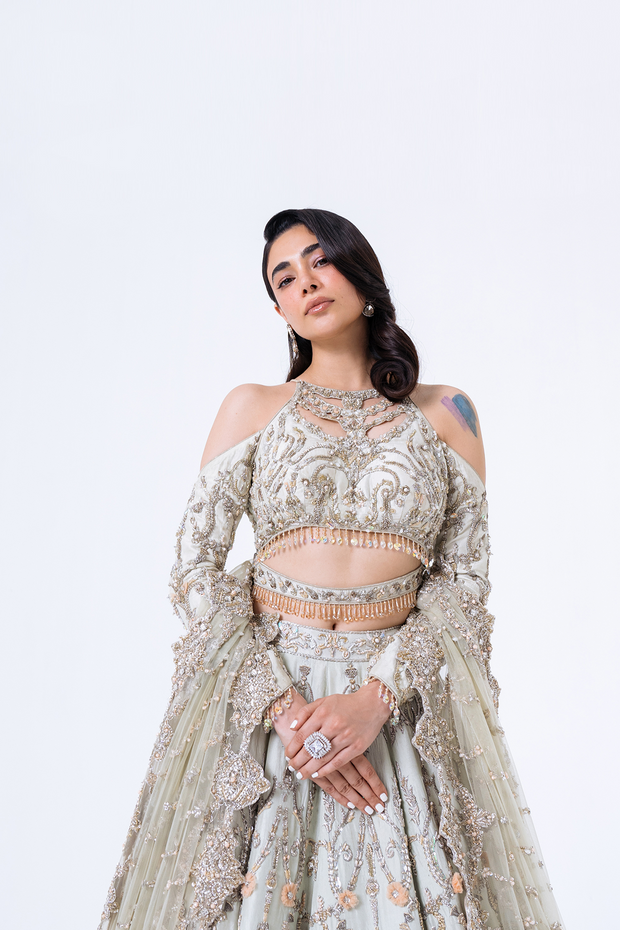 White Pakistani Bridal Outfit in Lehenga Choli Style