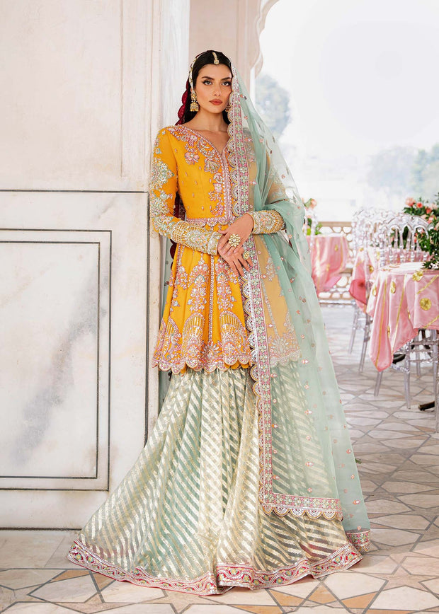 Yellow Blue Contrast Embroidered Pakistani Party Wear Sharara Kameez