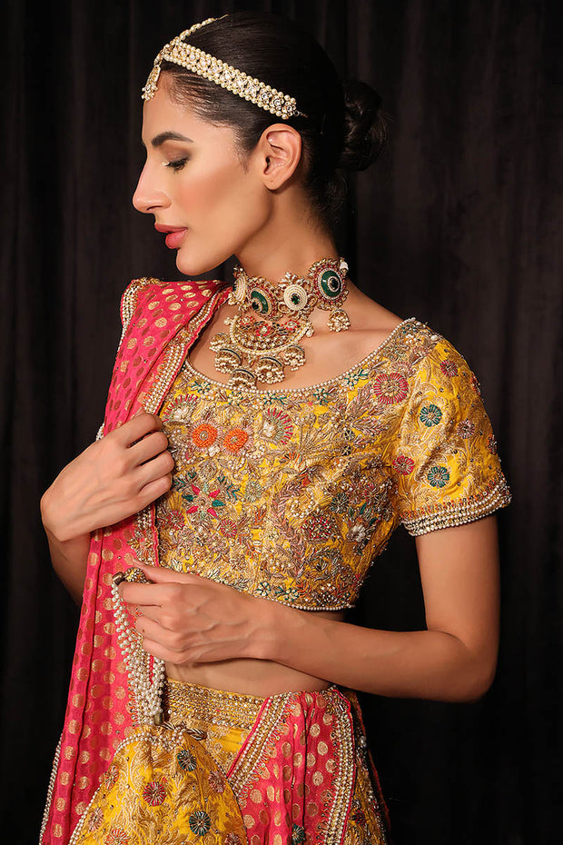Yellow Lehenga Choli and Pink Dupatta Mehndi Dress Online
