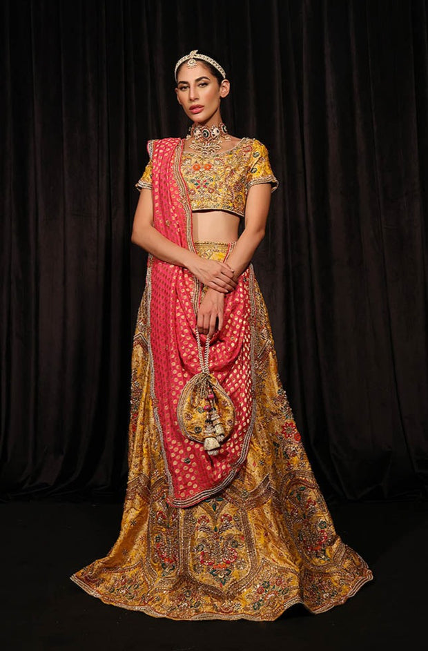 Yellow Lehenga Choli and Pink Dupatta Mehndi Dress