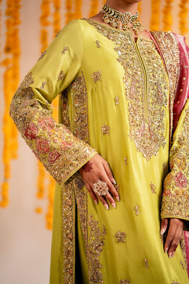 Yellow Mehndi Dress in Kameez Trouser Dupatta Style