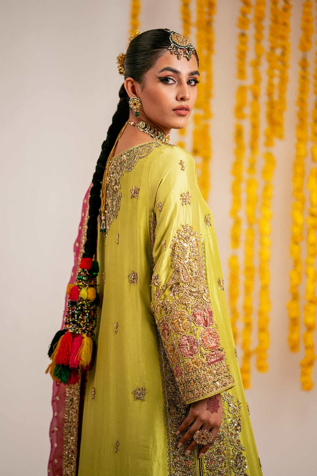 Yellow Mehndi Dress in Kameez and Trouser Dupatta Style