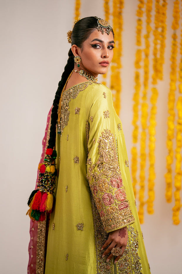 Yellow Mehndi Dress in Kameez and Trouser Dupatta Style