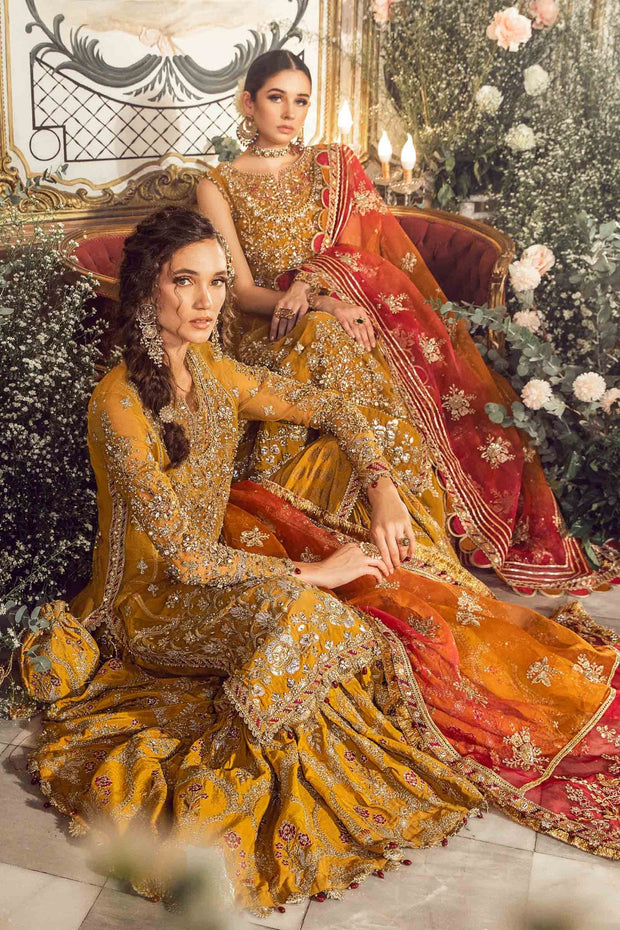 Mehndi Dress in Pakistani Bridal Gharara Kameez Style Nameera by Farooq Mehndi Dress in Pakistani Bridal Gharara Kameez Style Nameera by Farooq