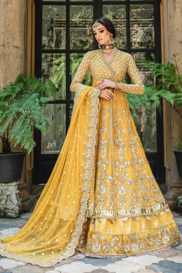 Yellow Pakistani Bridal Lehenga and Net Angrakha Frock Dress
