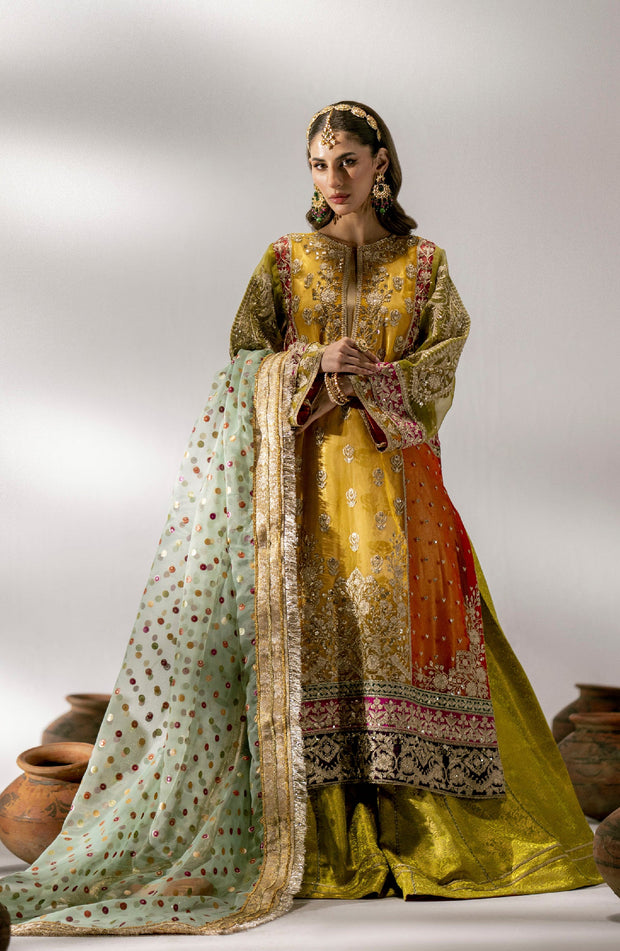 Yellow Pakistani Wedding Dress in Embroidered Kameez Sharara Style