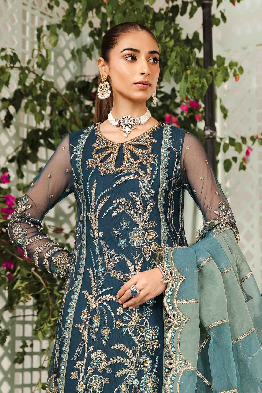 Zinc Embroidered Pakistani Salwar Kameez Crushed Sharara Style
