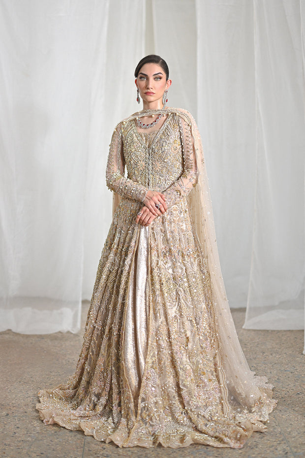 Rose Gold Net Pakistani Bridal Outfit with Elegant Embroidery