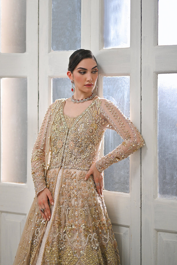 Rose Gold Net Pakistani Bridal Outfit with Elegant Embroidery