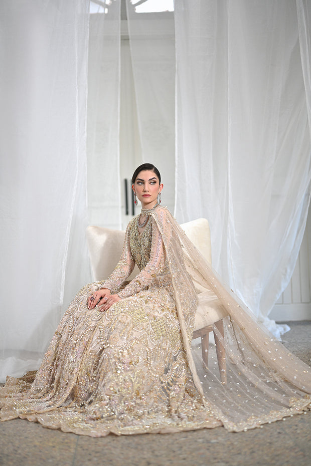 Rose Gold Net Pakistani Bridal Outfit with Elegant Embroidery