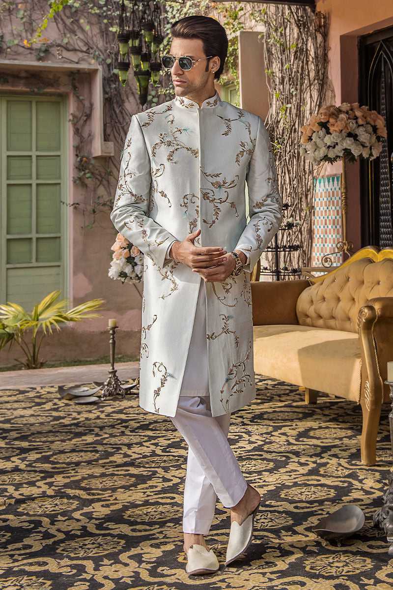 Elegant Ice Blue Pure Silk Mens Sherwani for Special Occasions