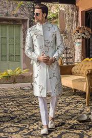 Elegant Ice Blue Pure Silk Mens Sherwani for Special Occasions