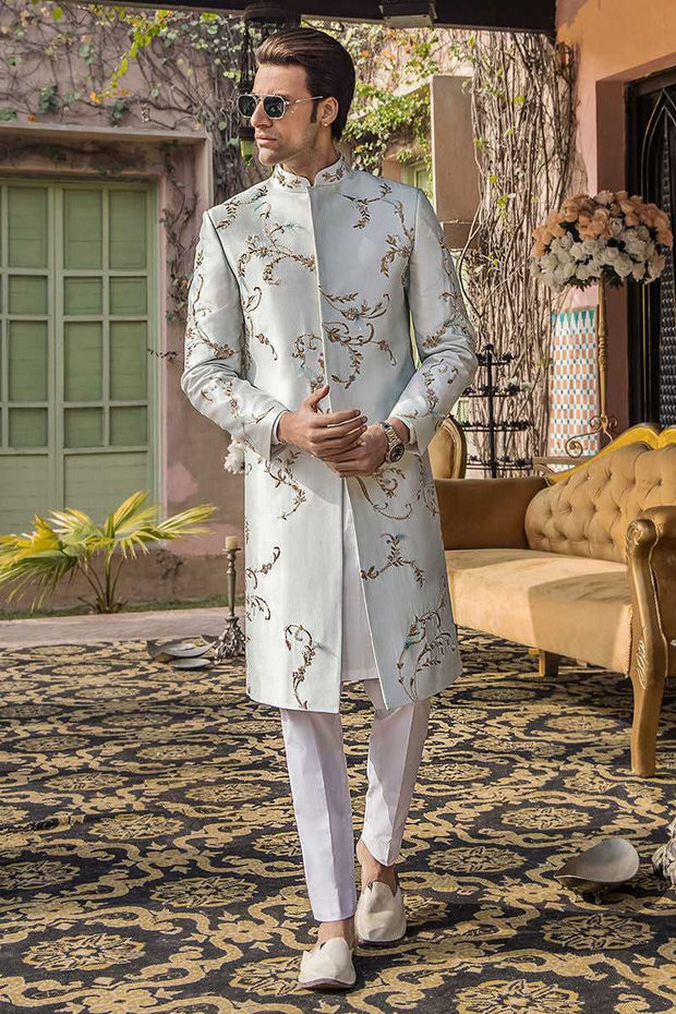 Elegant Ice Blue Pure Silk Mens Sherwani for Special Occasions