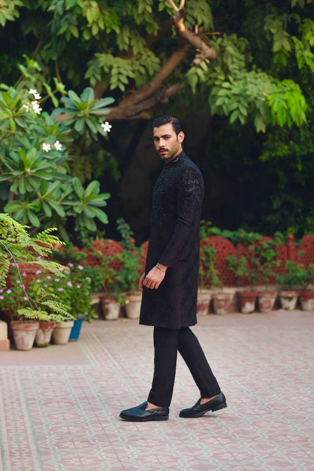 Elegant Black Self-Printed Pakistani Sherwani
