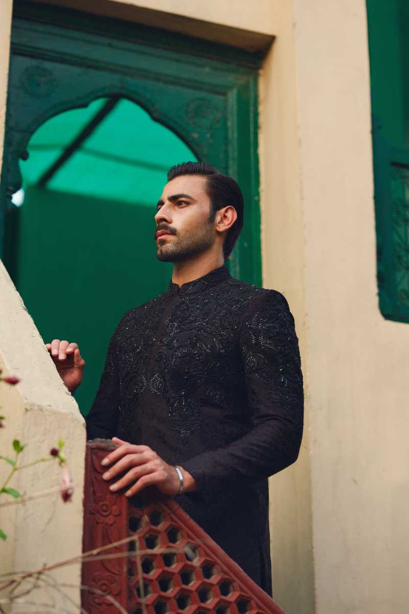 Elegant Black Self-Printed Pakistani Sherwani