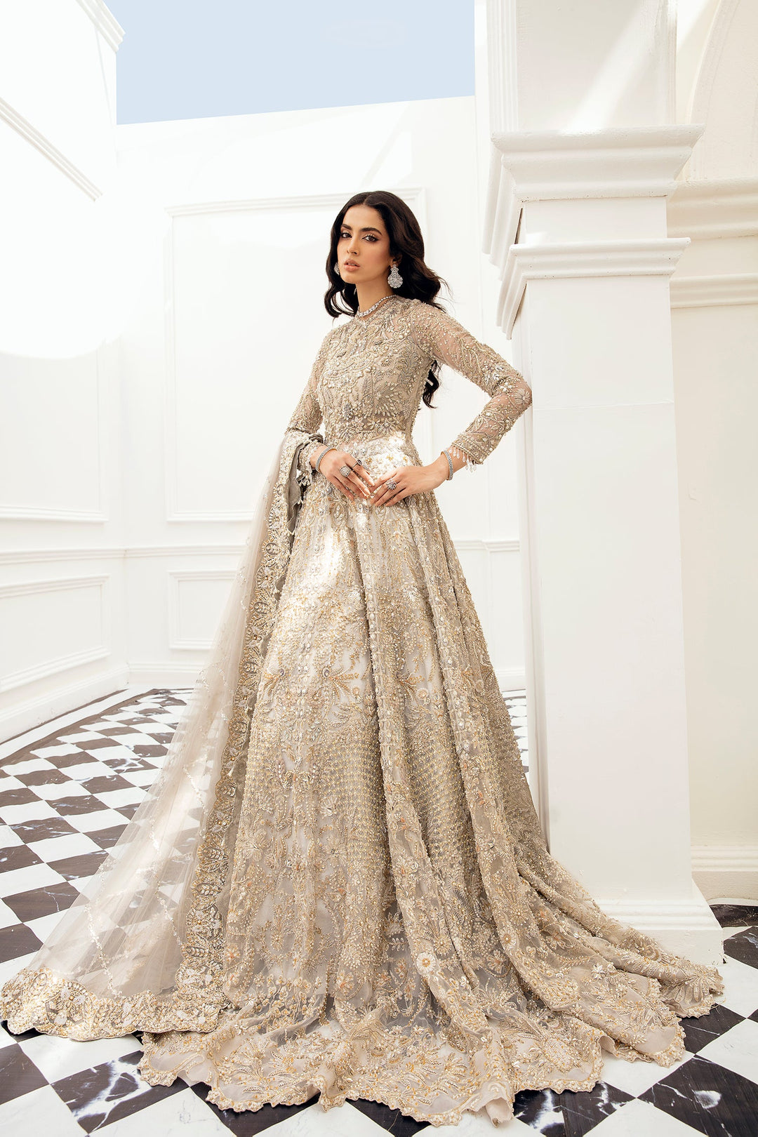 Luxury Grey Pakistani Bridal Outfit with Intricate Embroidery