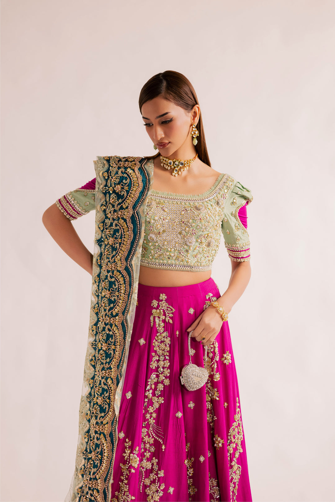 Mint Green Pakistani Bridal Outfit with Gold Embroidery