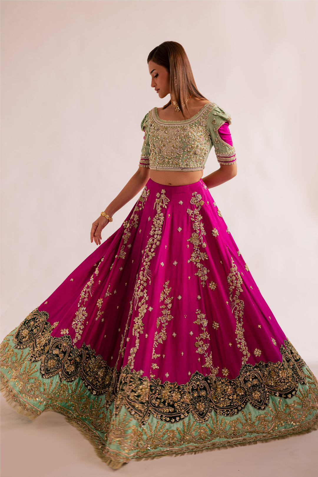 Mint Green Pakistani Bridal Outfit with Gold Embroidery