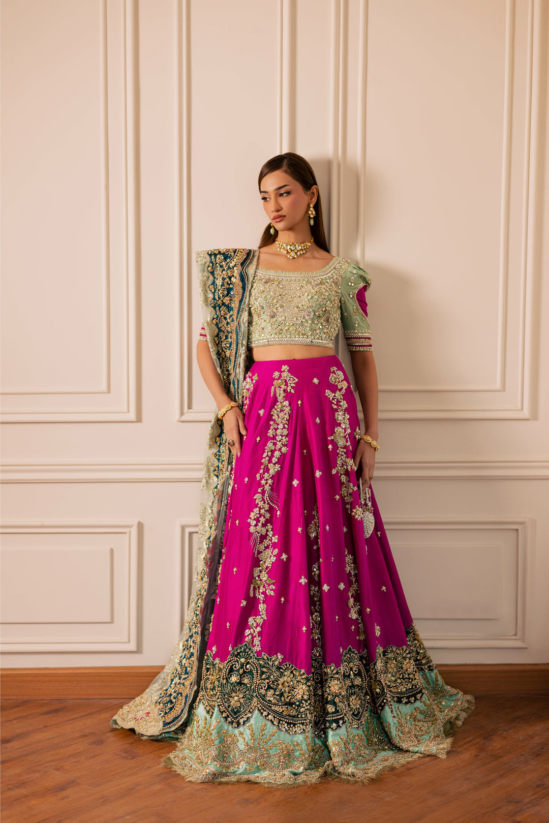 Mint Green Pakistani Bridal Outfit with Gold Embroidery