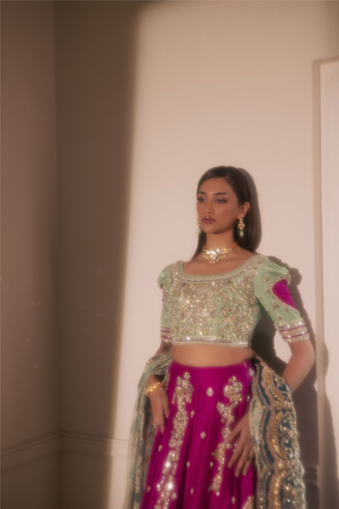 Mint Green Pakistani Bridal Outfit with Gold Embroidery