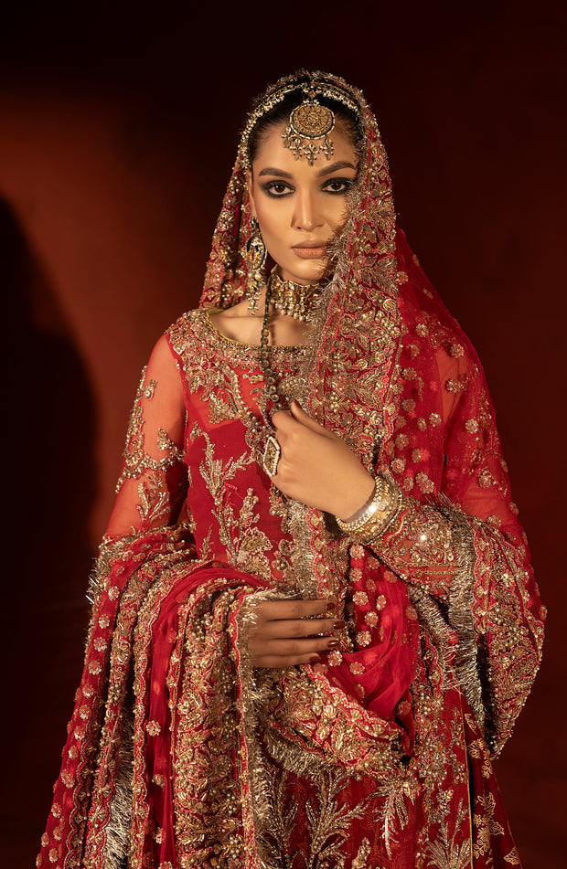 Raspberry Red Pakistani Bridal Lehenga Set with Trail