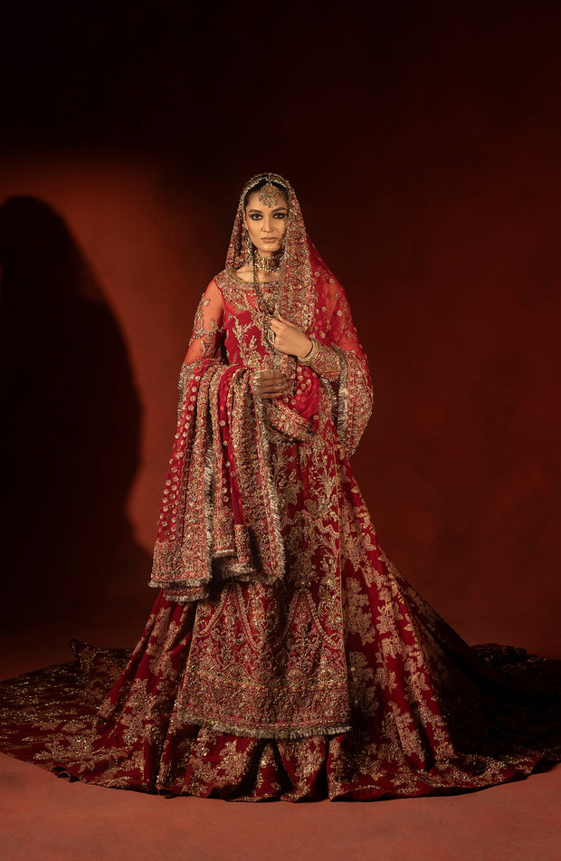 Raspberry Red Pakistani Bridal Lehenga Set with Trail