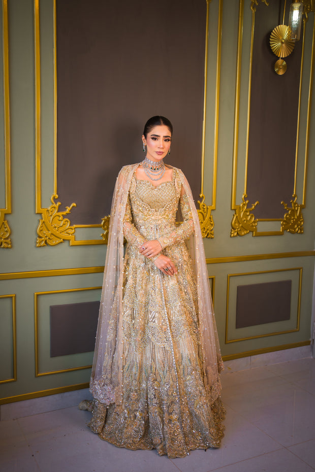 Subtle Gold Pakistani Bridal Outfit with Elegant Embroidery