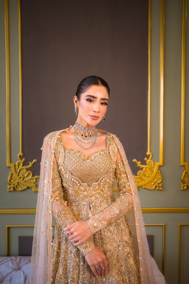 Subtle Gold Pakistani Bridal Outfit with Elegant Embroidery