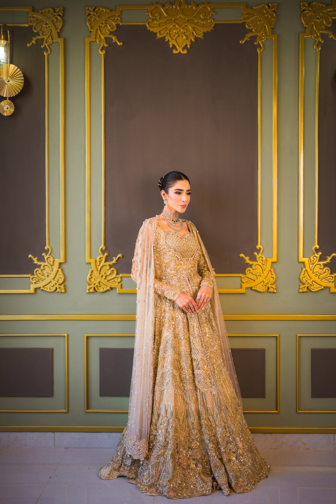 Subtle Gold Pakistani Bridal Outfit with Elegant Embroidery