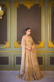 Subtle Gold Pakistani Bridal Outfit with Elegant Embroidery
