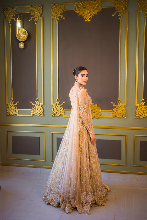 Subtle Gold Pakistani Bridal Outfit with Elegant Embroidery