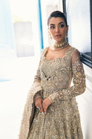 Subtle Gold Pakistani Bridal Outfit with Elegant Embroidery