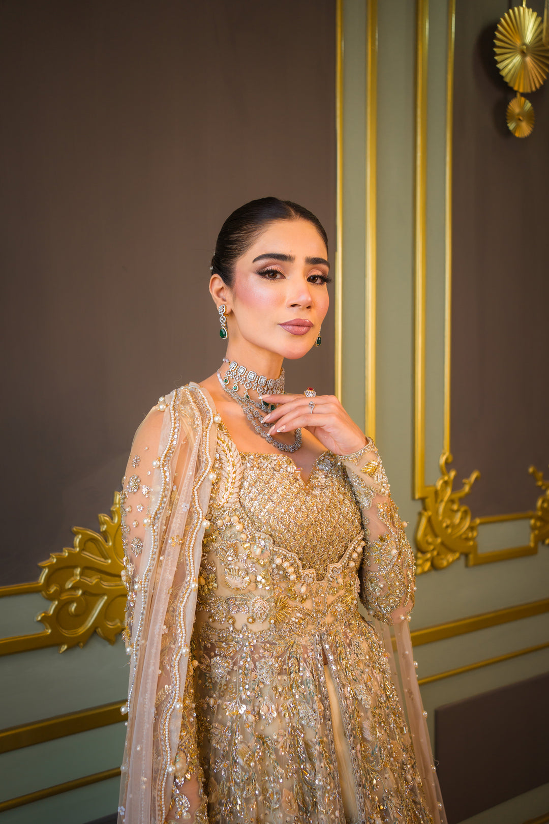 Elegant Pakistani Bridal Dress in Subtle Gold Shade