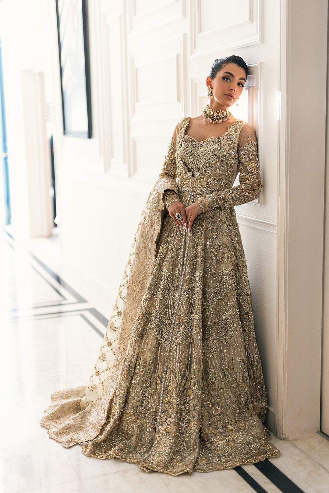 Elegant Pakistani Bridal Dress in Subtle Gold Shade