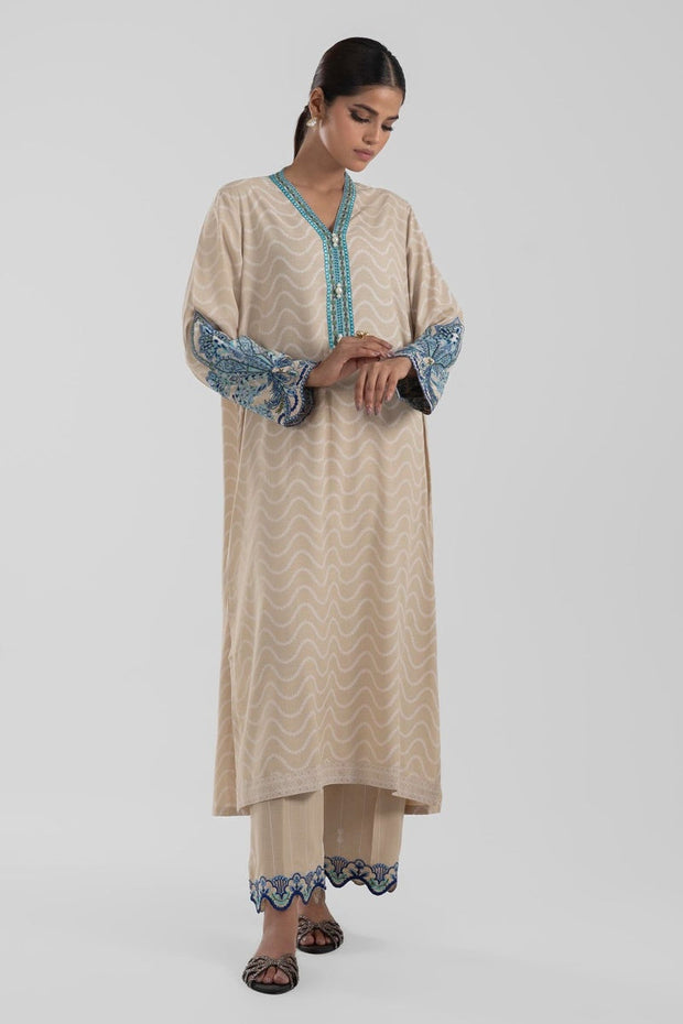 Sana Safinaz Latest Beige Slub Linen Party Dress