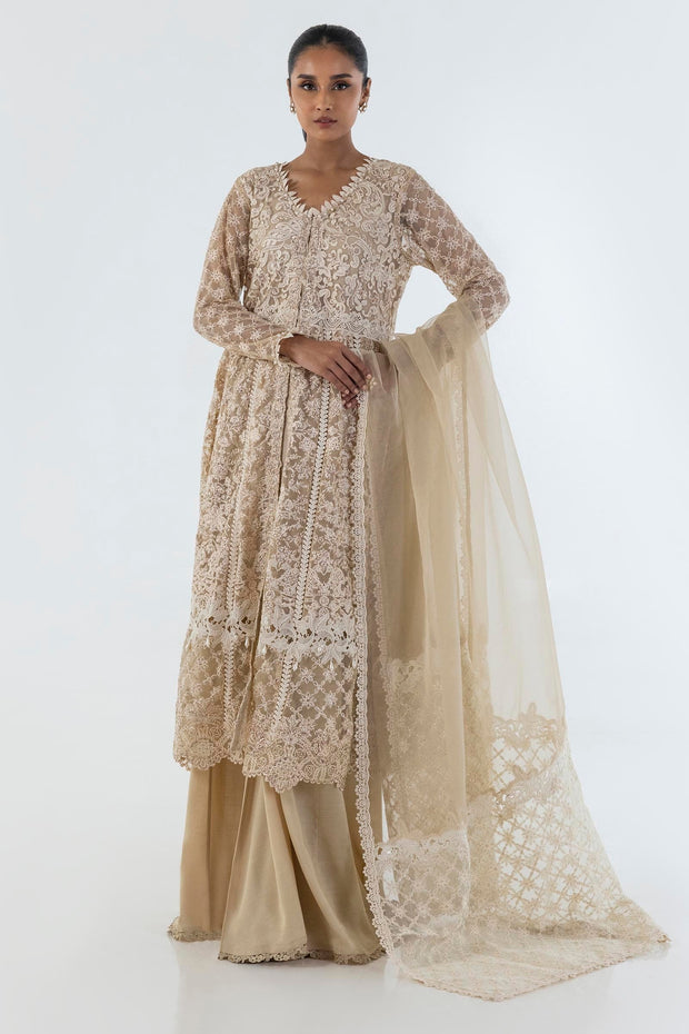 Sana Safinaz Stitched Beige Embroidered Shirt + Plazo + Dupatta