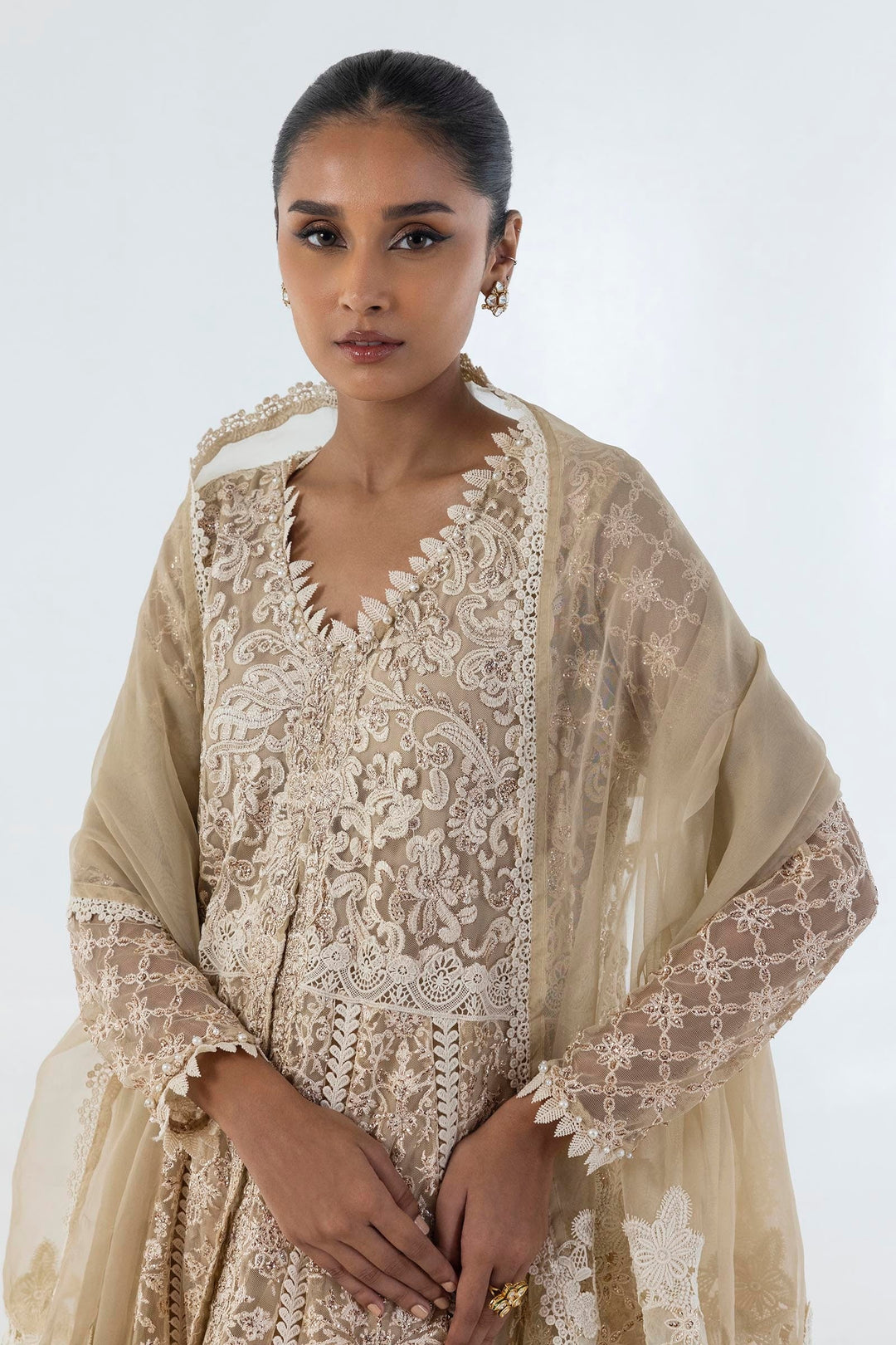 Sana Safinaz Stitched Beige Embroidered Shirt + Plazo + Dupatta