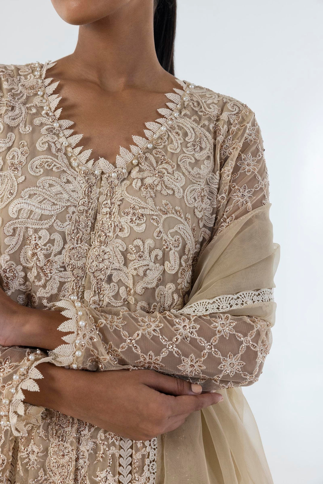 Sana Safinaz Stitched Beige Embroidered Shirt + Plazo + Dupatta
