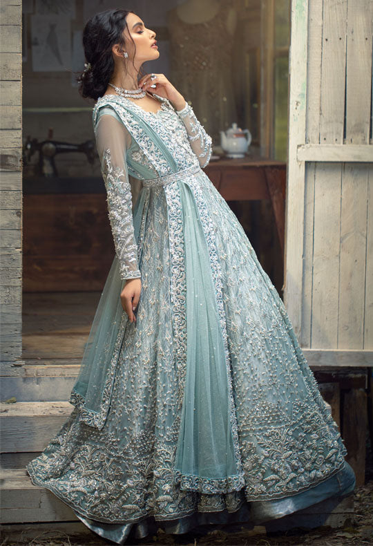 Light Mint Pakistani Designer Bridal Dress with Embellishments