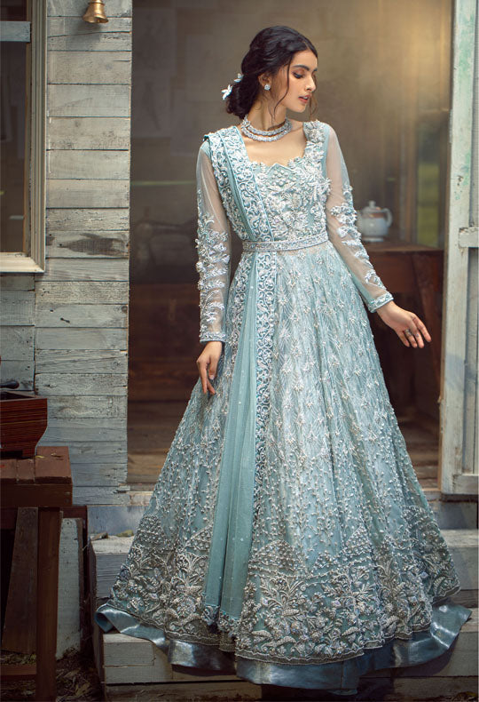 Light Mint Pakistani Designer Bridal Dress with Embellishments